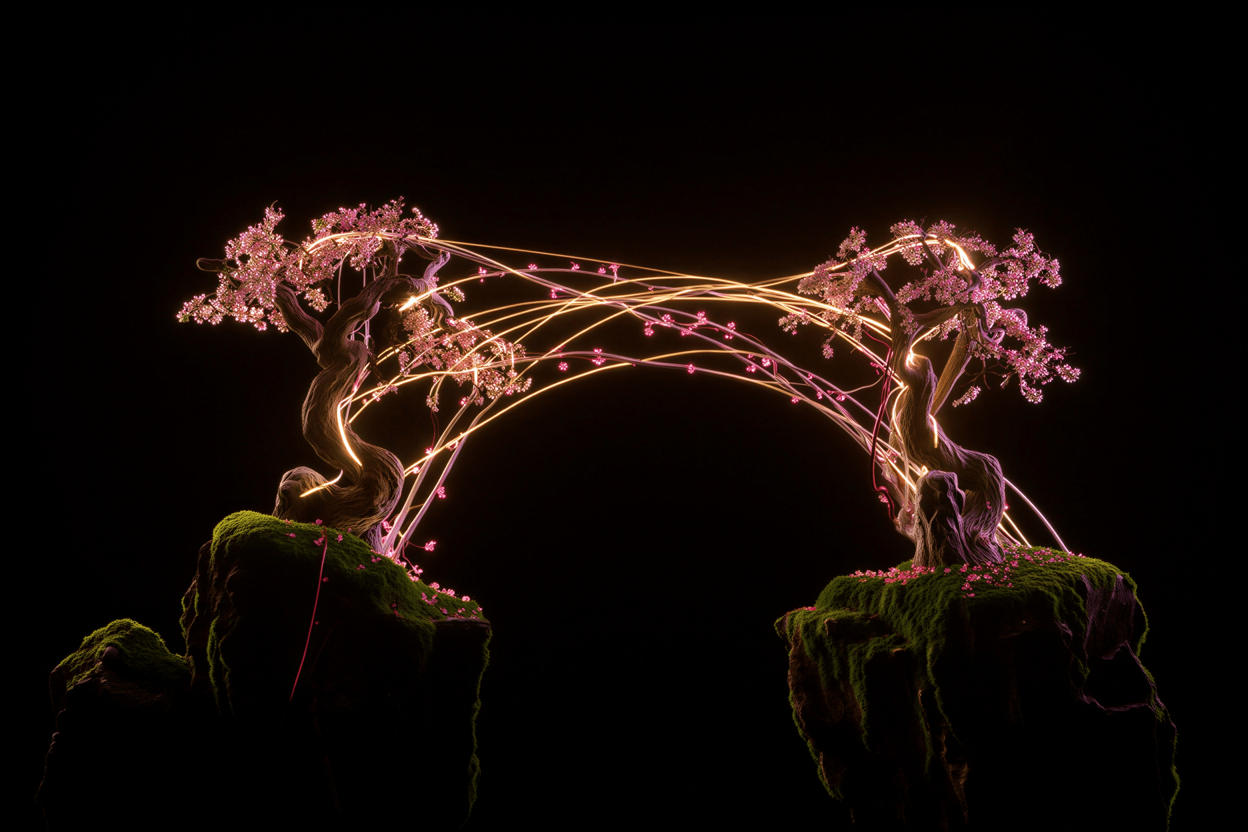 Deux arbres reliés par des arcs lumineux